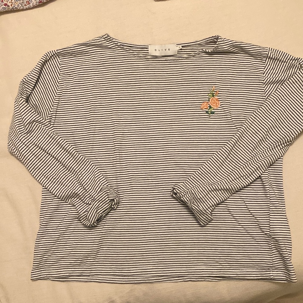 Olive Clothing striped tee with floral embroidery